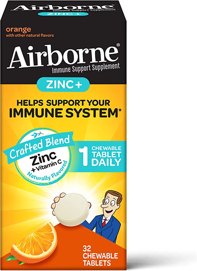 Airborne Vitamin C + Zinc Chewable Tablets, Chewable Zinc Immune Support Supplement - Non-GMO, Gluten & Gelatin Free, No Color Added, Naturally Flavored - 32 Chewable Tablets, Orange Flavor