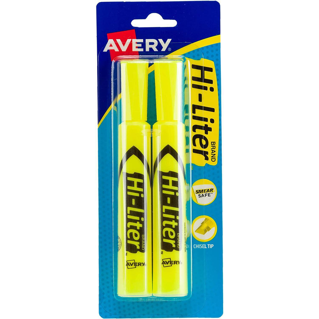 Avery Hi-Liter Desk-Style Highlighters, Smear Safe Ink, Chisel Tip, Yellow, 2 Pack