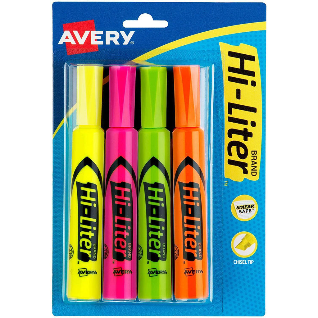 Avery Hi-Liter Desk-Style Highlighters, Smear Safe Ink, Chisel Tip, 4 Assorted Color Highlighters