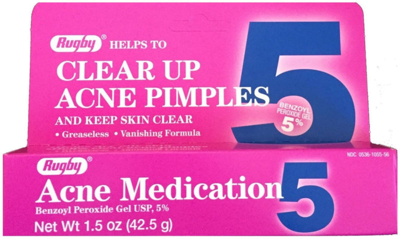 Rugby Acne Medication Benzoyl Peroxide Gel USP 5% - Clear Up Acne Pimples, Keep Skin Clear - 1.5 oz tube