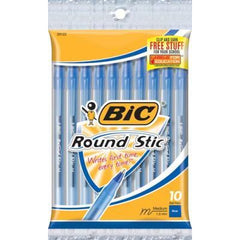 Bic Round Stic Xtra Life Medium Ballpoint Pen, Blue Ink, 10 Count
