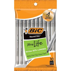 Bic Round Stic Xtra Life Medium Ballpoint Pen, Black Ink, 10 Count