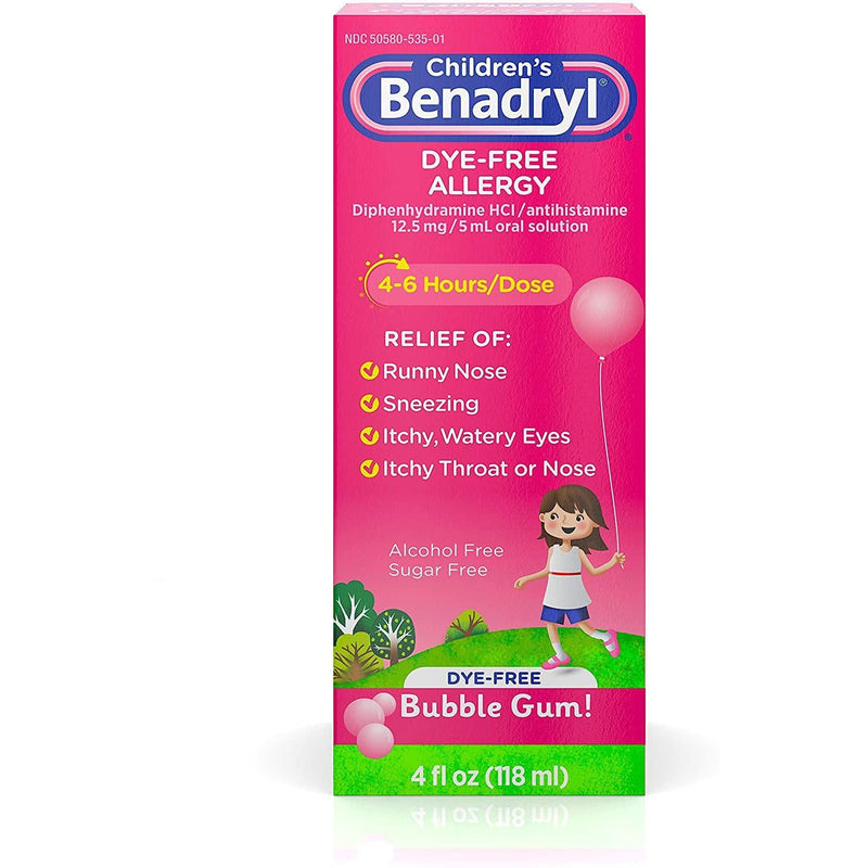 Children's Benadryl Antihistamine Allergy Relief, Bubble Gum Flavor, Dye-Free 4oz