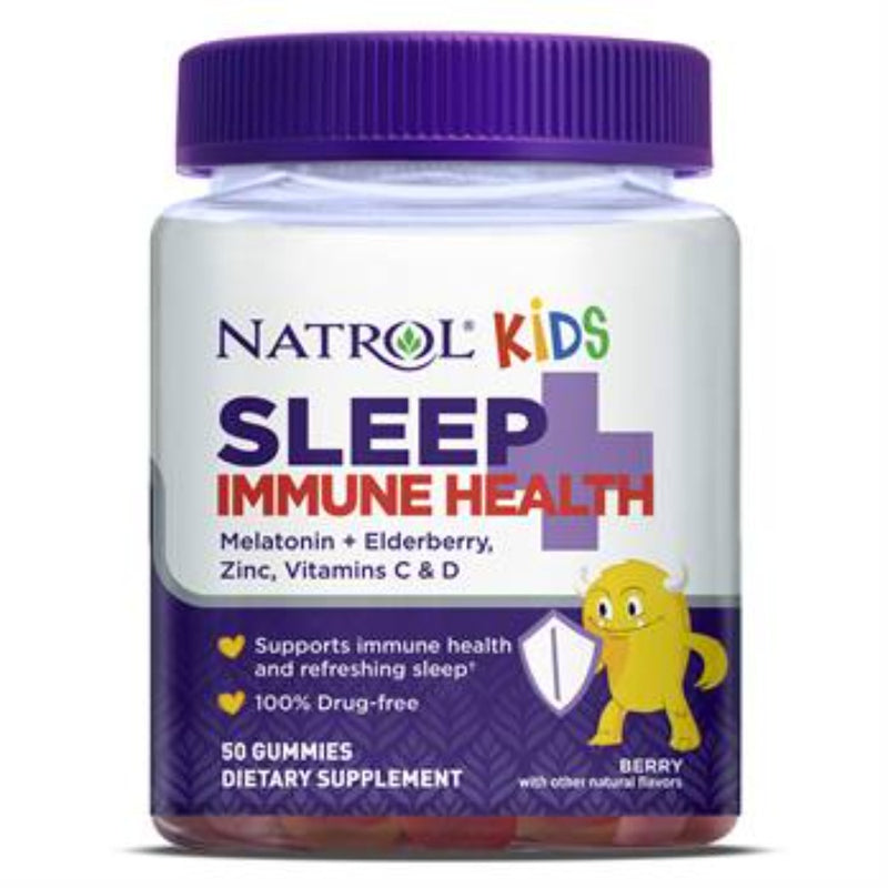 Natrol Kids Sleep + Immune Health Gummies - Melatonin & Elderberry, Zinc, Vitamins D & C. 50 ct - Non GMO, Vegetarian. Supports immune health and refreshing sleep. Berry flavor dietary supplement. 