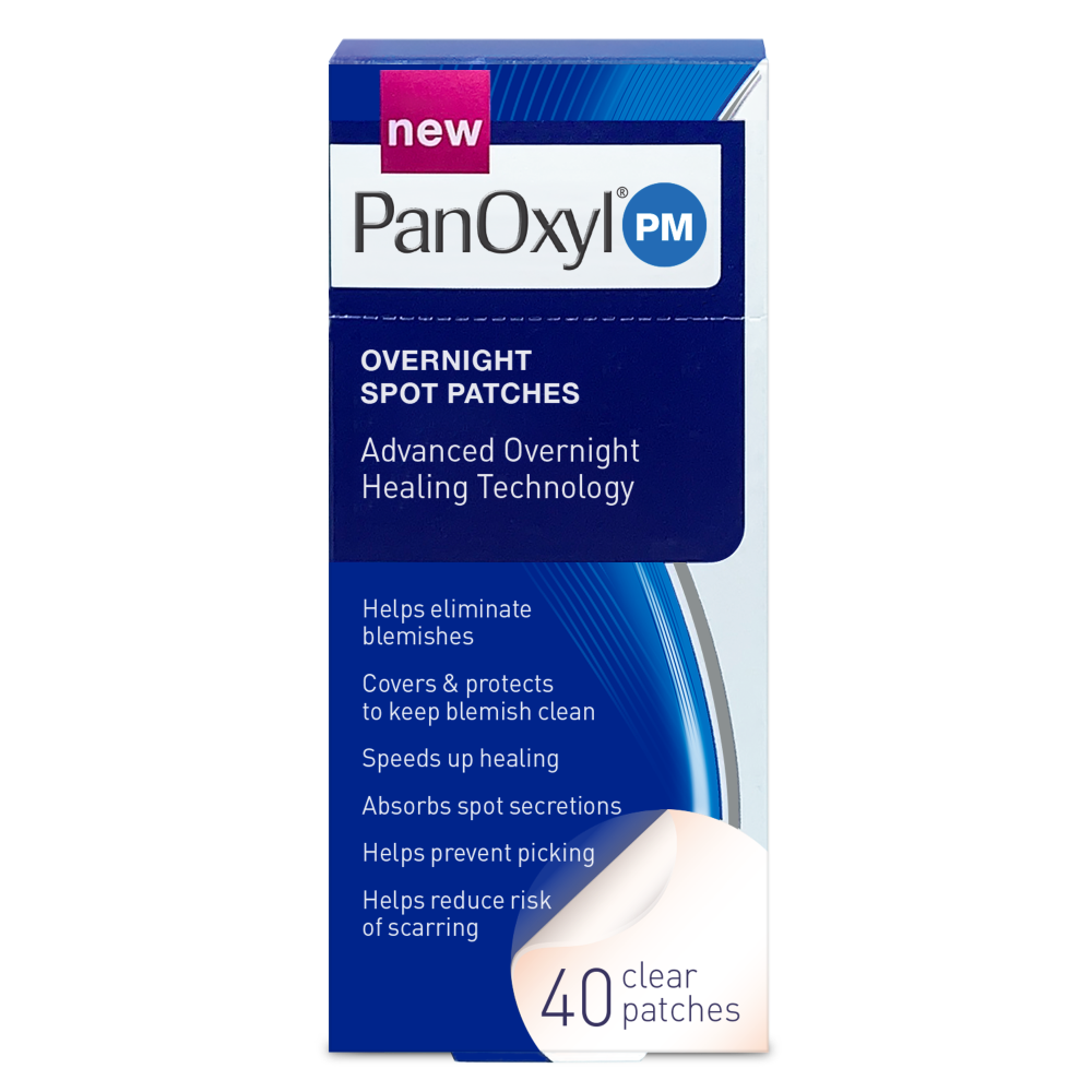 PanOxyl PM Overnight Spot Patches Advanced Overnight Healing Technology. Helps eliminate blemishes. Covers and protects to keep blemishes clean. Speeds up healing. Absorbs spot secretions. Helps prevent picking. Helps reduce risk of scarring. 40 clear patches. 