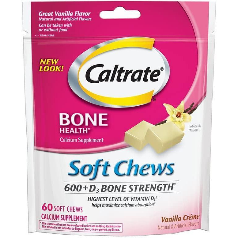 Caltrate 600+D3 Calcium & Vitamin D3 Supplement, Vanilla Creme Flavor, 60 soft chews