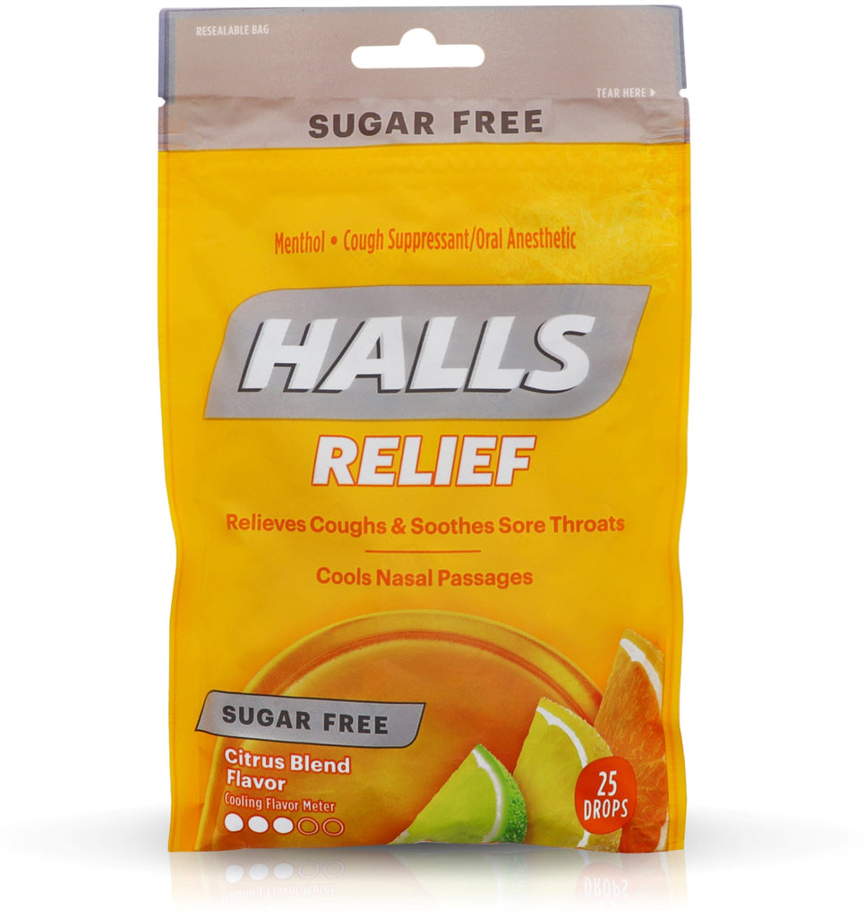 Halls Relief Sugar Free Citrus Blend Menthol Cough Suppressant Drops, 25 Drops ABC#10044674*