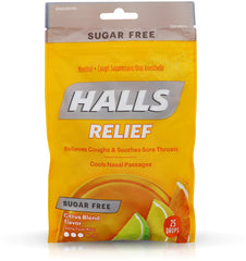 Halls Relief Sugar Free Citrus Blend Menthol Cough Suppressant Drops, 25 Drops ABC#10044674*