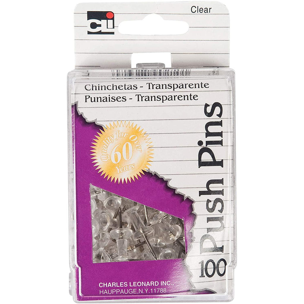 Charles Leonard Push Pins, Clear, 100 Count