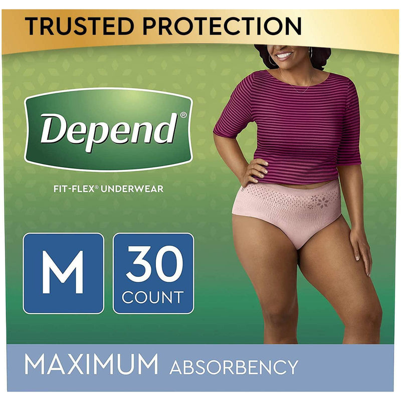 Depend FIT-FLEX Incontinence Underwear for Women, Disposable, Maximum Absorbency, M, Blush, 30 Count