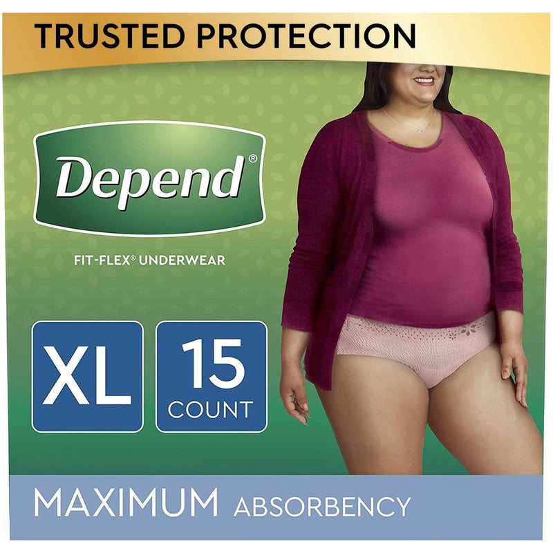 Depend FIT-FLEX Incontinence Underwear for Women, Disposable, Maximum Absorbency, XL, Blush, 15 Count