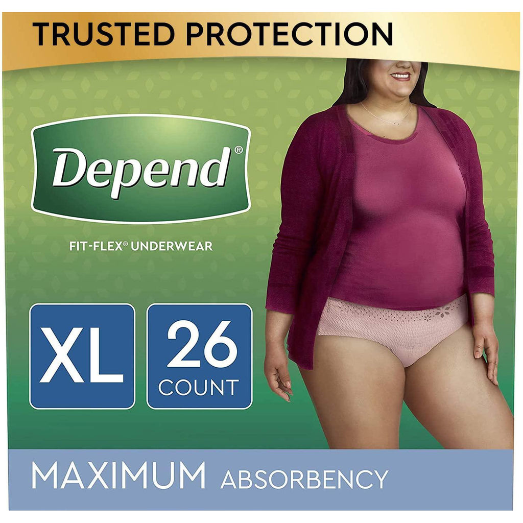 Depend FIT-FLEX Incontinence Underwear for Women, Disposable, Maximum Absorbency, XL, Blush, 26 Count