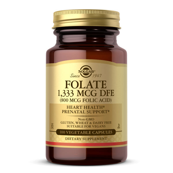 Solgar Folate 1,333 mcg Dietary Folate Equivalent (800 mcg Folic Acid), 100 Vegetable Capsules - Heart Health, Healthy Nervous System, Prenatal Support - Non-GMO, Vegan, Gluten Free - 100 Servings