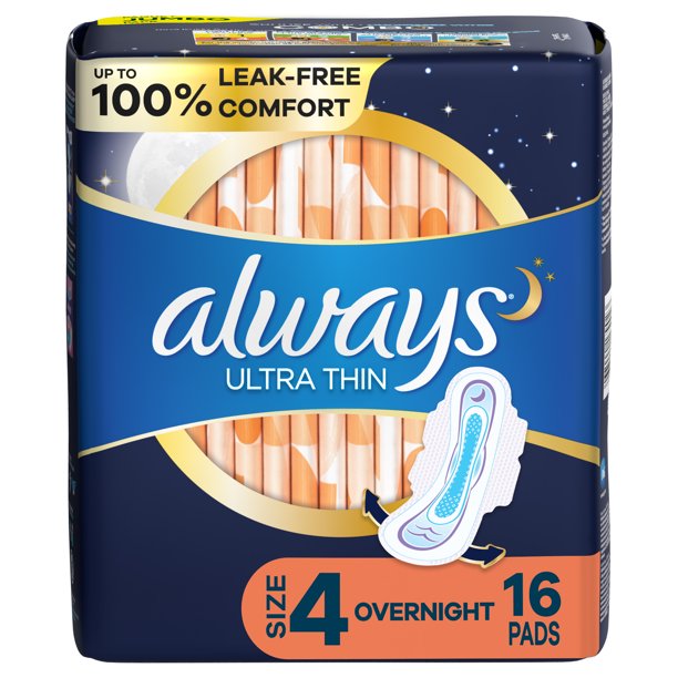 Always Ultra Thin Overnight Pads with Wings, Size 4, Overnight, 16 Ct