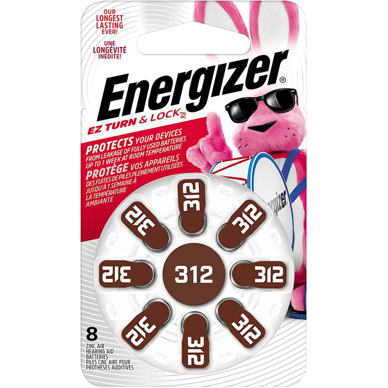 Energizer Hearing Aid Batteries Size 312, EZ Turn & Lock, 8 Pack