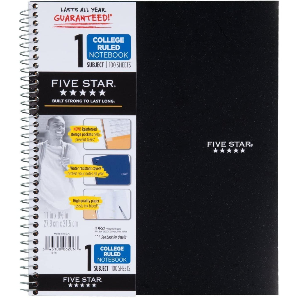 Five Star Wirebound Notebook, College Ruled, 1 Subject, 100 Sheets, Assorted Colors, 1 Count
