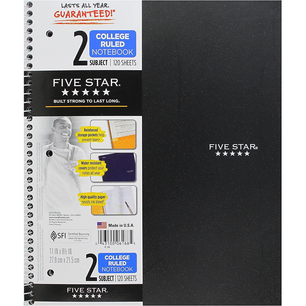 Five Star Spiral Notebook, 2 Subject, College Ruled Paper, 120 Sheets, Black, 1 Count