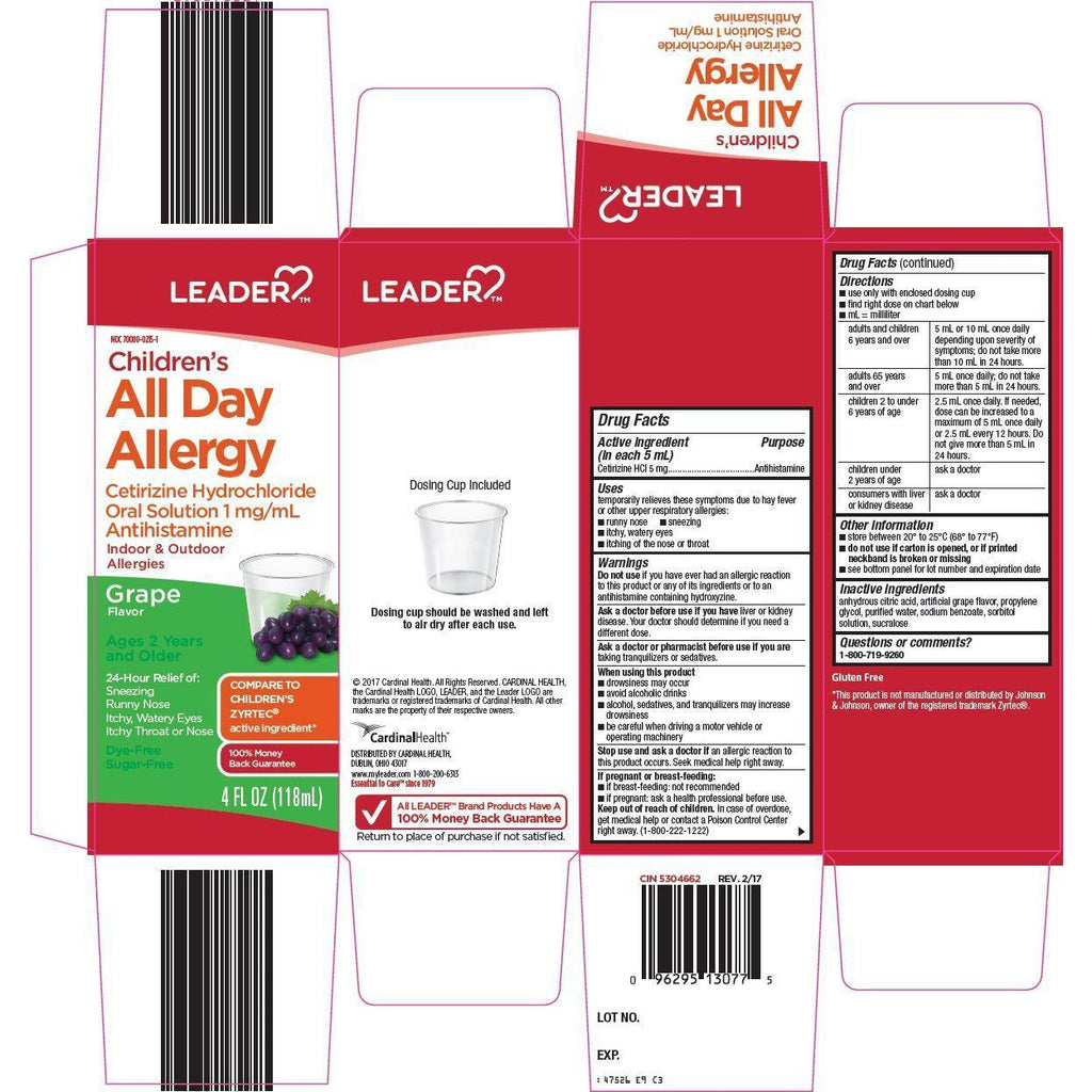 Leader Childrens All Day Allergy, Cetirizine Hydrochloride Solution, Grape Flavor, 4 fl oz*