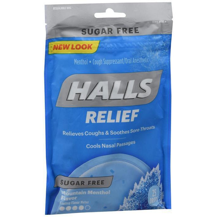 Halls, Sugar Free, Triple Soothing Action, Mountain Menthol Cough Drops (25 Drops)