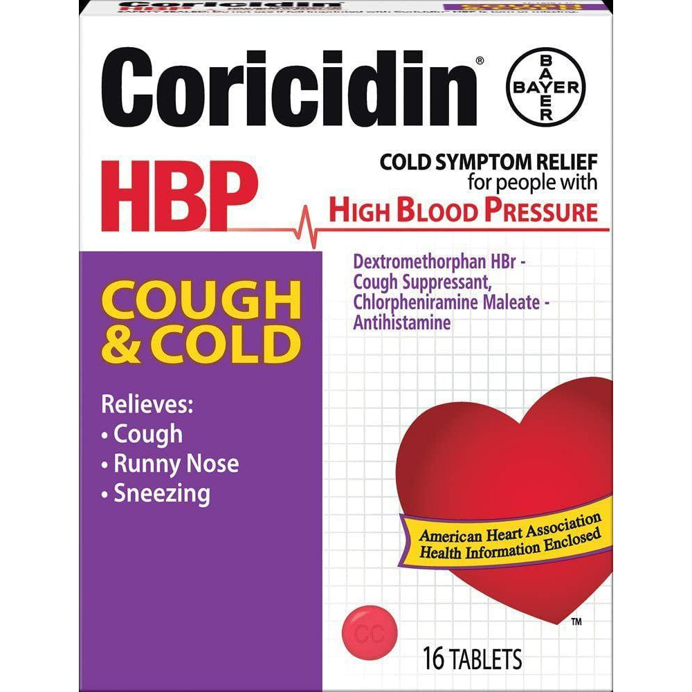 Coricidin HBP Antihistamine Cough & Cold Suppressant for People with High Blood Pressure, 16 Tablets