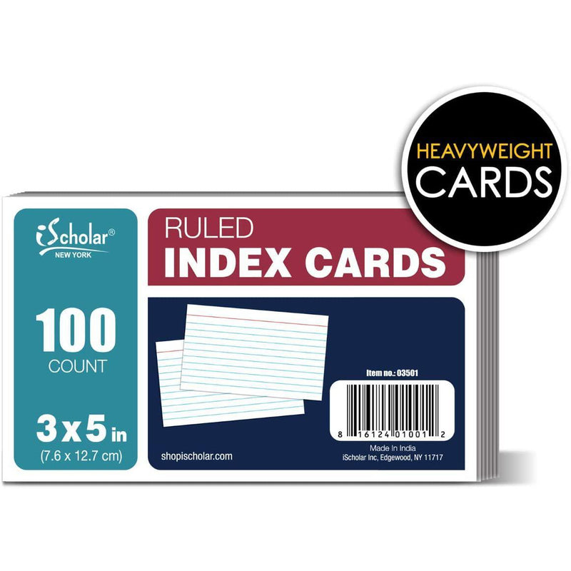 iScholar Index Cards, White, Ruled, 3" x 5", 100 Cards, 1 Count