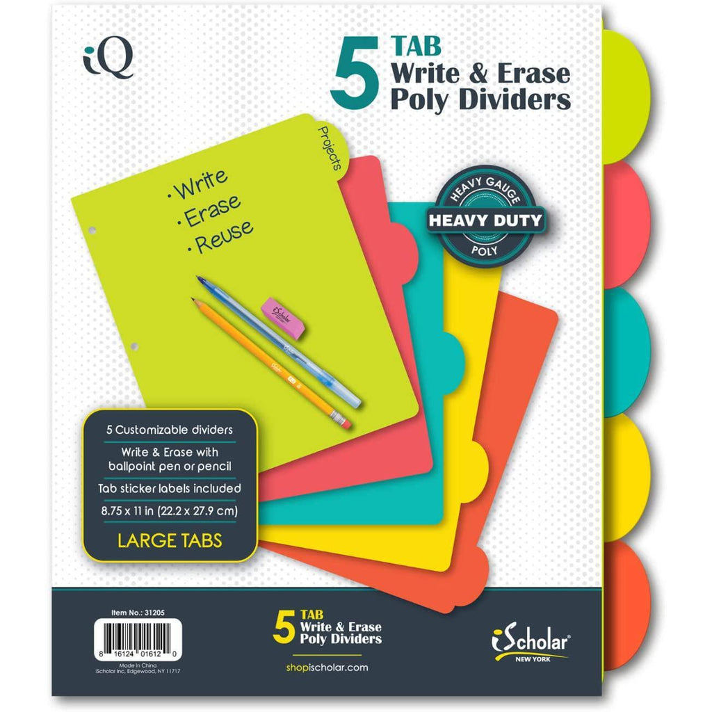 iScholar 5 Tab Poly Index Dividers, 8.75 x 11", Assorted Colors