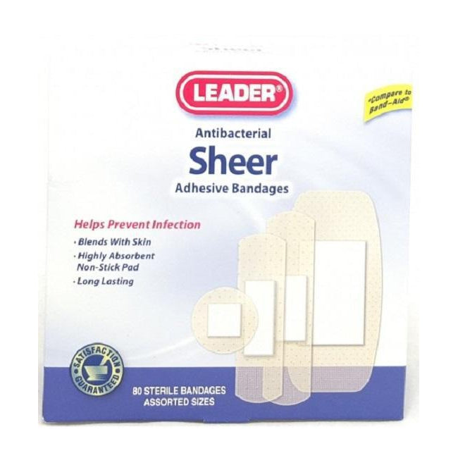 Leader Antibacterial Sheer Bandages, Assorted Sizes, 80 Count