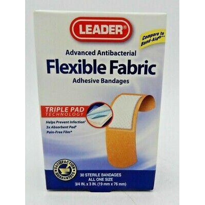 Leader Advanced Antibacterial Flexible Fabric Adhesive Bandages, 3/4" x 3", 30 Count