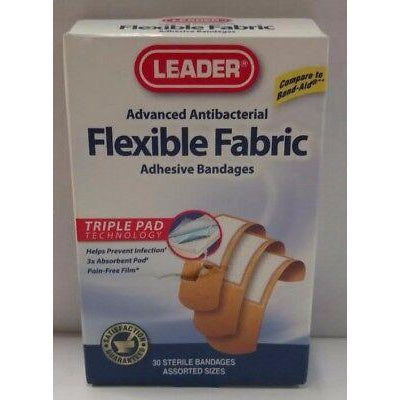 Leader Advanced Antibacterial Flexible Fabric Adhesive Bandages, Assorted Sizes, 30 Count