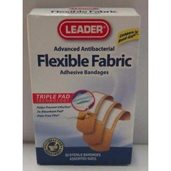 Leader Advanced Antibacterial Flexible Fabric Adhesive Bandages, Assorted Sizes, 30 Count