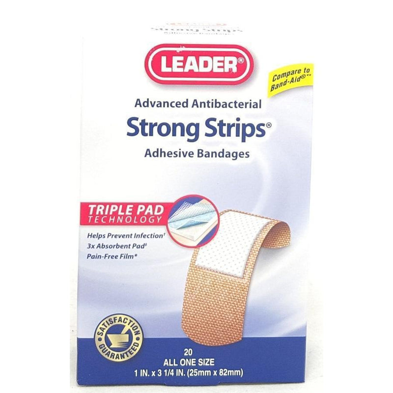 Leader Advanced Antibacterial Strong Strips Adhesive Bandages, 1" x 3 1/4", 20 Count
