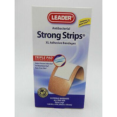 Leader Antibacterial Strong Strips Adhesive Bandages, 1 3/4" x 4", 10 Count