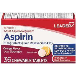 Leader Aspirin Pain Reliever, Chewable Orange Flavored, Low Dose, 81mg, 36 Tablets