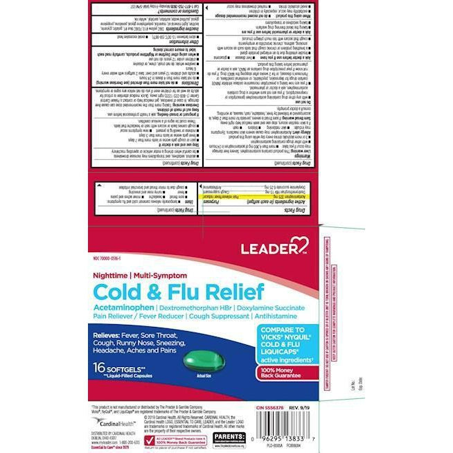 Leader Cold & Flu Relief | Nighttime | Multi-Symptom, 16 Softgels in One Box