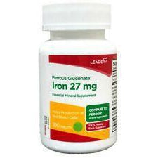 Leader Ferrous Gluconate Iron 27 mg, 100 tablets*
