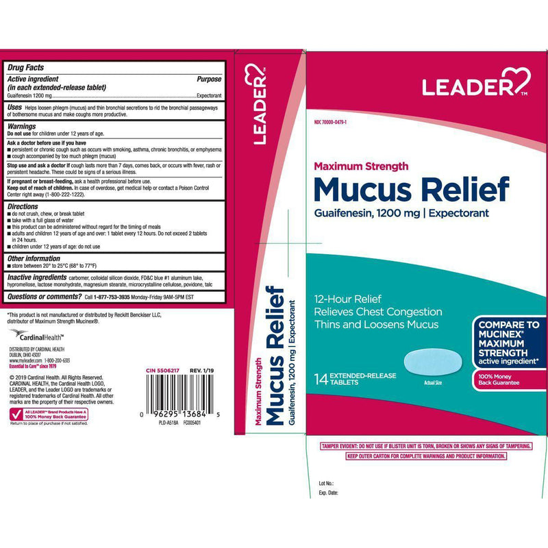 Leader Mucus Relief Extended Release Maximum Strength, 1200 mg Guaifenesin,14 Extended Release Tablets