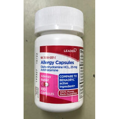 Leader Allergy Capsules, Diphenhydramine Hydrochloride, 100 Capsules