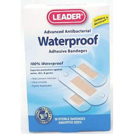 Leader Advanced Antibacterial Waterproof Adhesive Bandages, Assorted Sizes, 20 Count