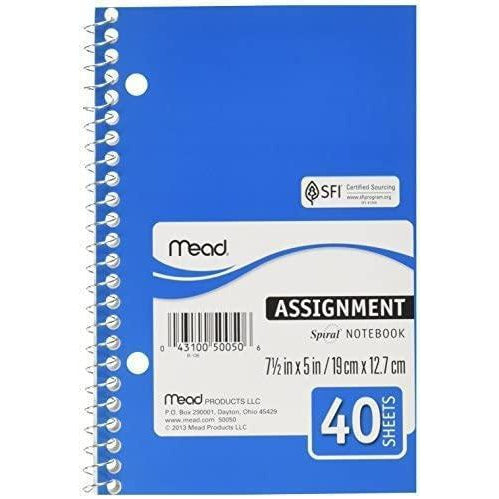 Mead 7.5" x 5" Assignment Spiral Notebook, 40 Sheets, 1 Count