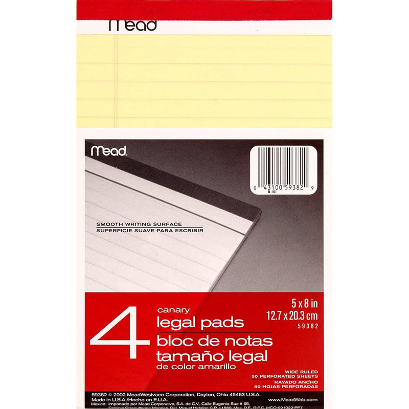 Mead Canary Junior Legal Pads, 5" x 8", 50 Sheets, 4 Pack