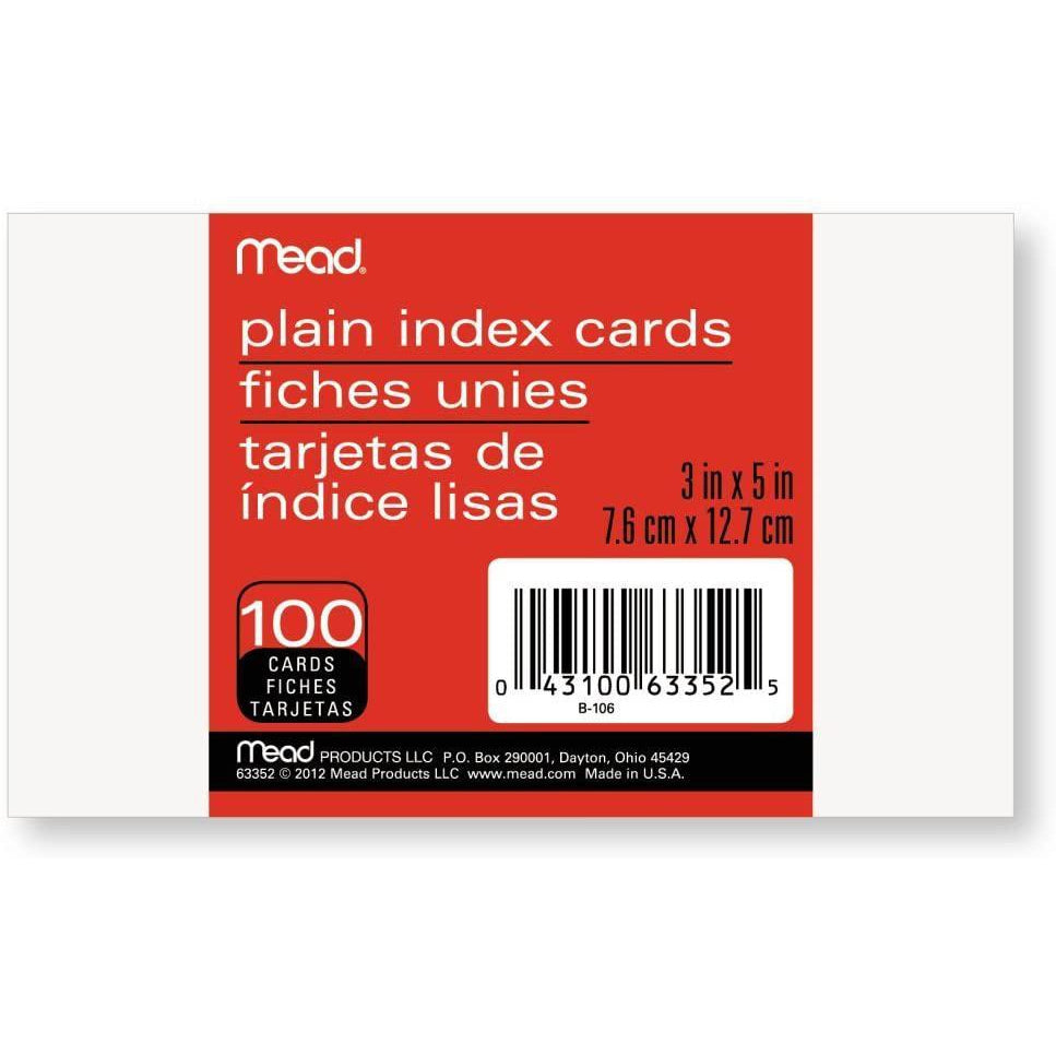 Mead Index Cards, Note Cards, Plain, 100 Cards, 3" x 5", White, 1 Count