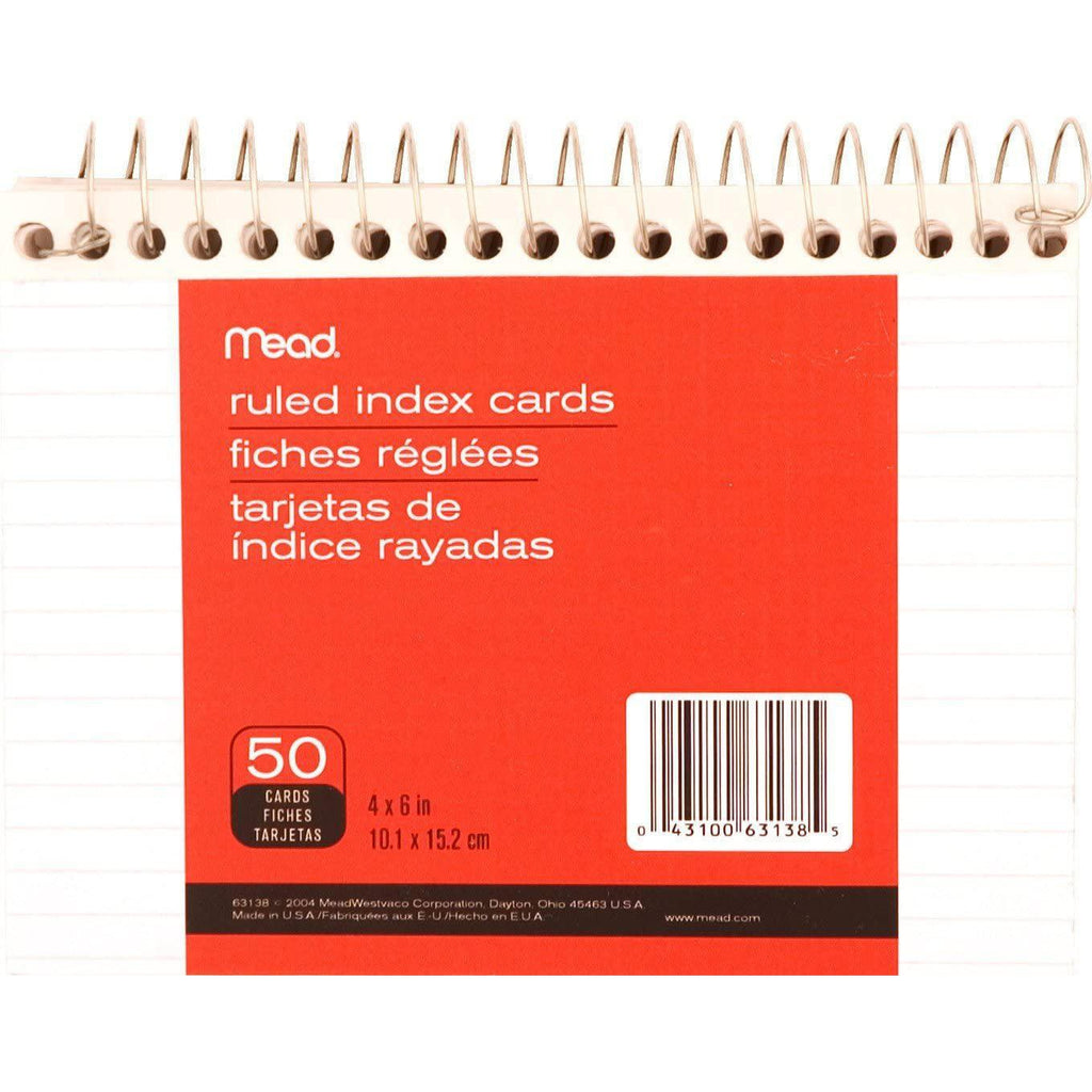 Mead Wirebound Ruled Index Cards, 4" x 6", White, 50 Cards, 1 Count