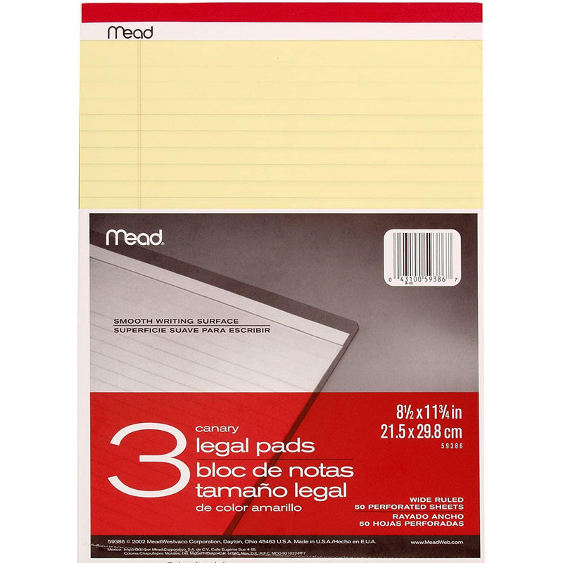 Mead Legal Writing Pad, Wide ruled, 8.5 x 11.75 Inch, Yellow, 50 Sheets, 3 Count