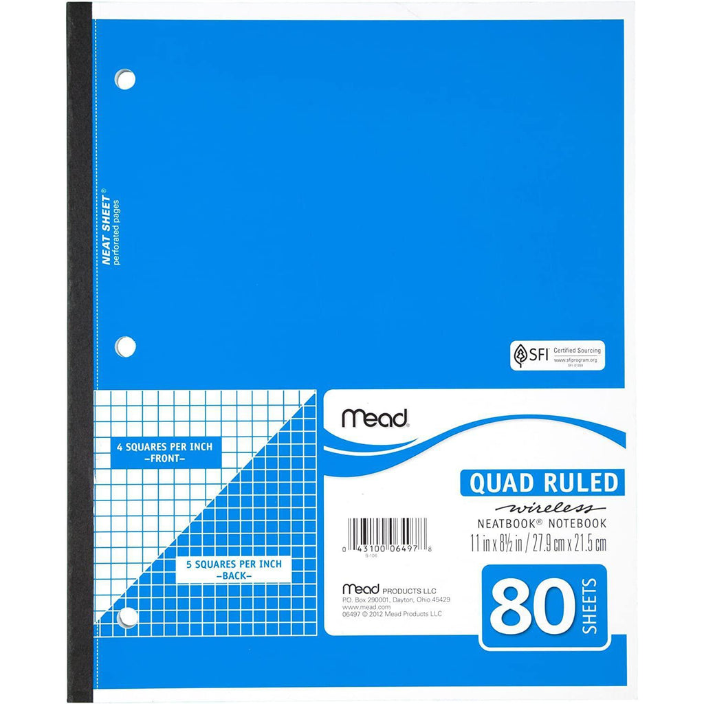 Mead Notebook, Wireless, 1 Subject, Quad Ruled, 8-1/2" x 11", 80 Sheets, Varied Colors, One Count