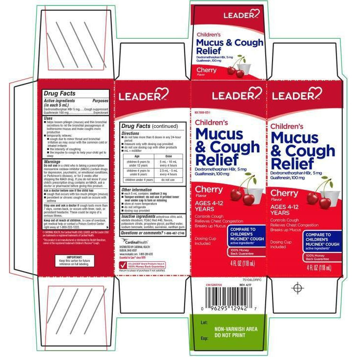 Leader Childrens Mucus And Cough Relief, Cherry Flavor, 4 fl oz.