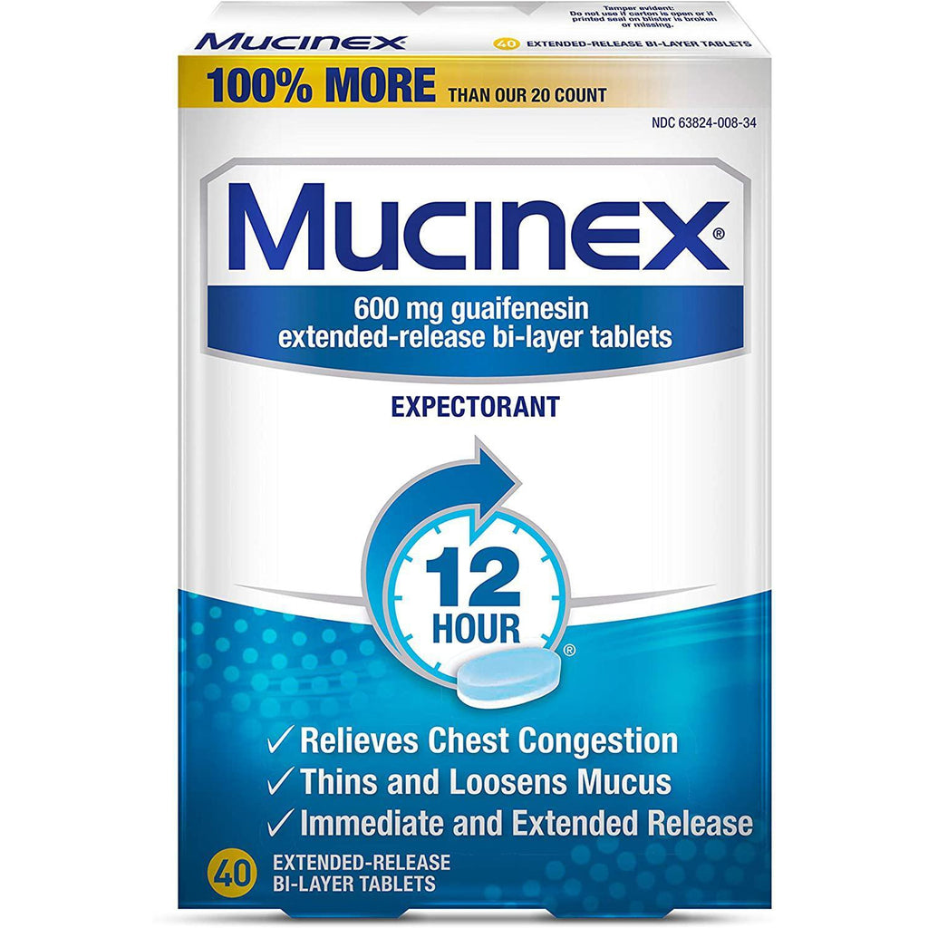 Mucinex 12 Hour Extended Release Tablets, 600 mg Guaifenesin, 40 Extended Release Tablets