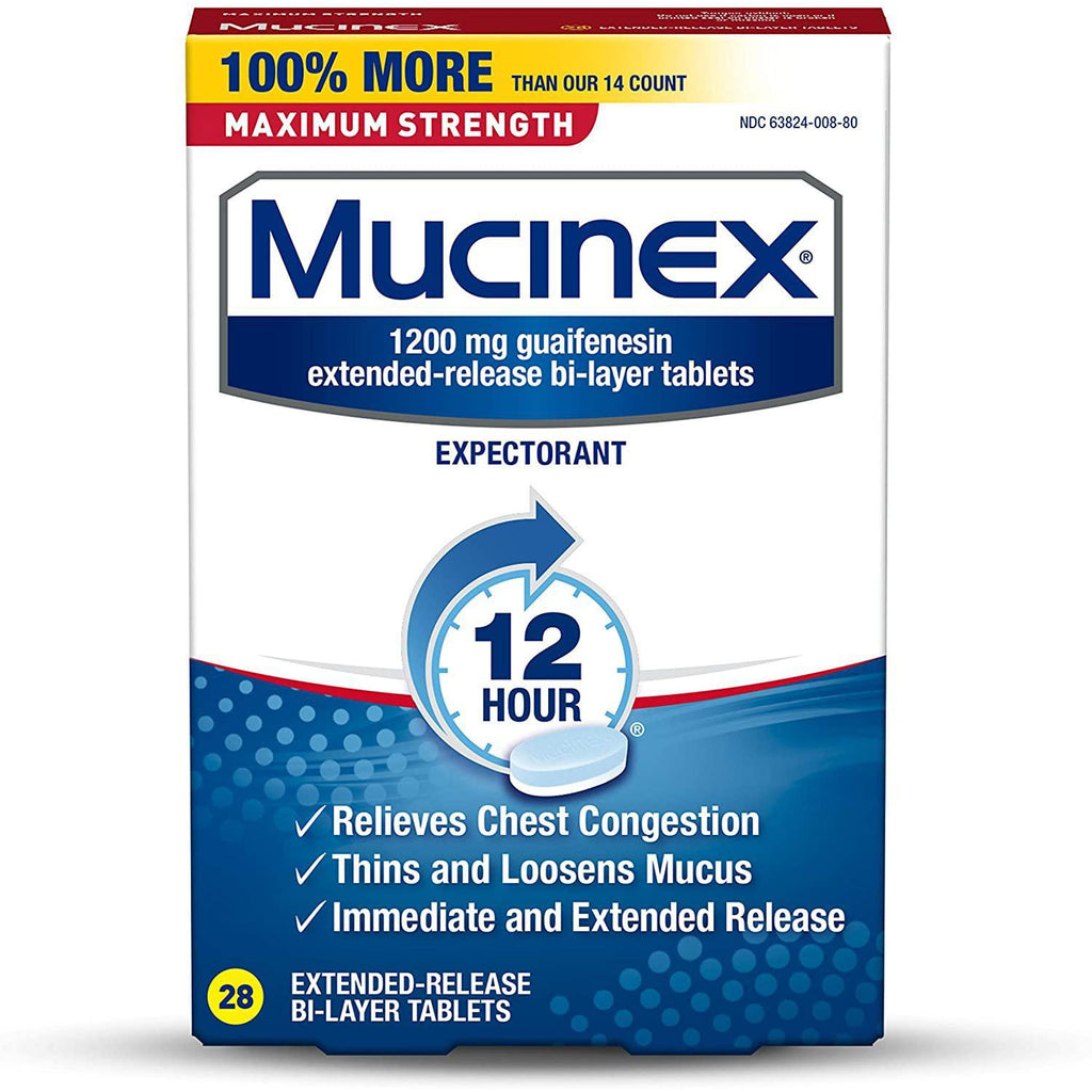 Mucinex Maximum Strength 12 Hour Chest Congestion Expectorant Relief Tablets, 1200 mg, 28 Count
