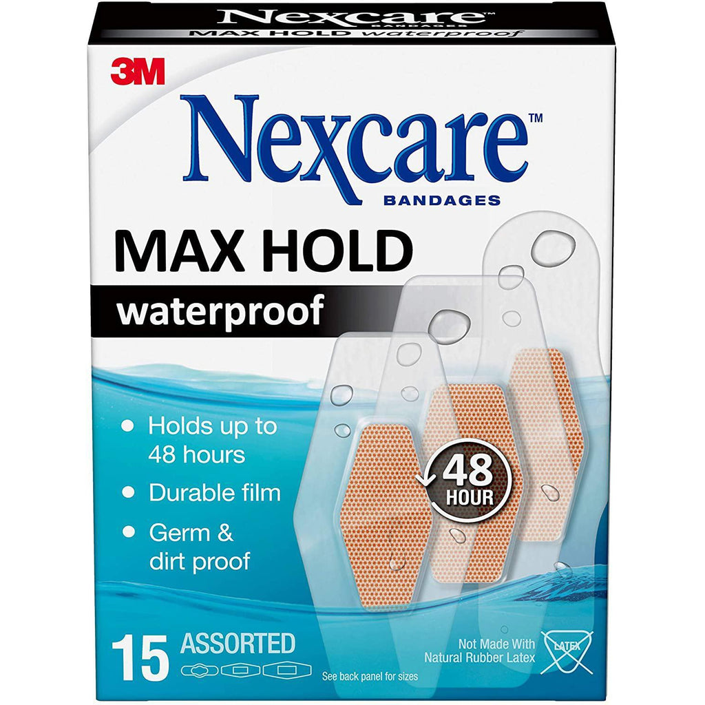 Nexcare Max Hold Waterproof Bandages, Clear, Assorted Sizes, 15 Count