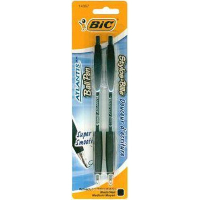 BIC Atlantis Ballpoint Pens, Medium Pen Point, Refillable, Retractable ,Black ,Blue Nickel Silver Barrel, 2 Count