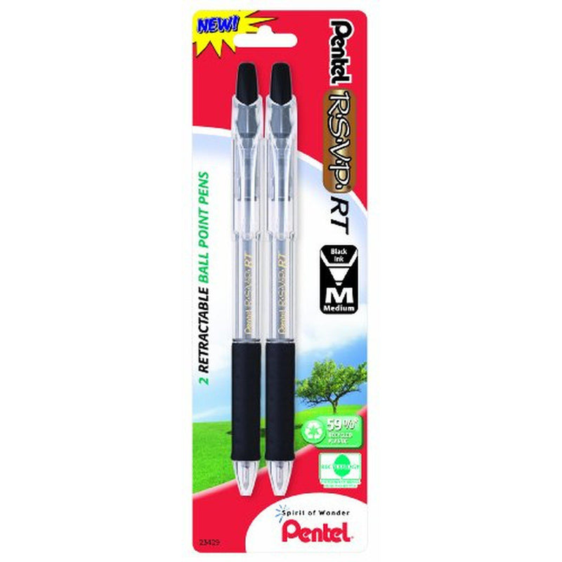 Pentel R.S.V.P. RT New Retractable Ballpoint Pen, Medium Line, Black Ink, 2 Count